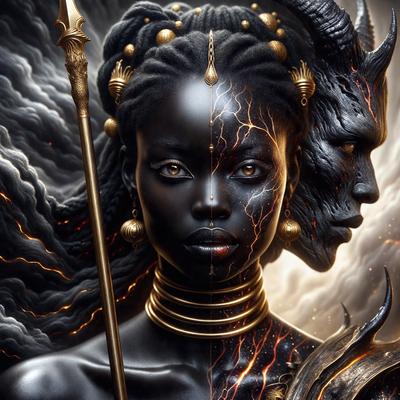 The primary subject of the image is a woman with a mix of black and white skin tones. She is wearing a necklace and holding a staff. The setting is a dark, cloudy sky, which adds to the overall mood of the image. The visual style is a digital art or illustration, showcasing the woman's unique appearance. The colors and mood of the image are predominantly dark and mysterious, with the woman's skin tones and the cloudy sky contributing to the atmosphere.